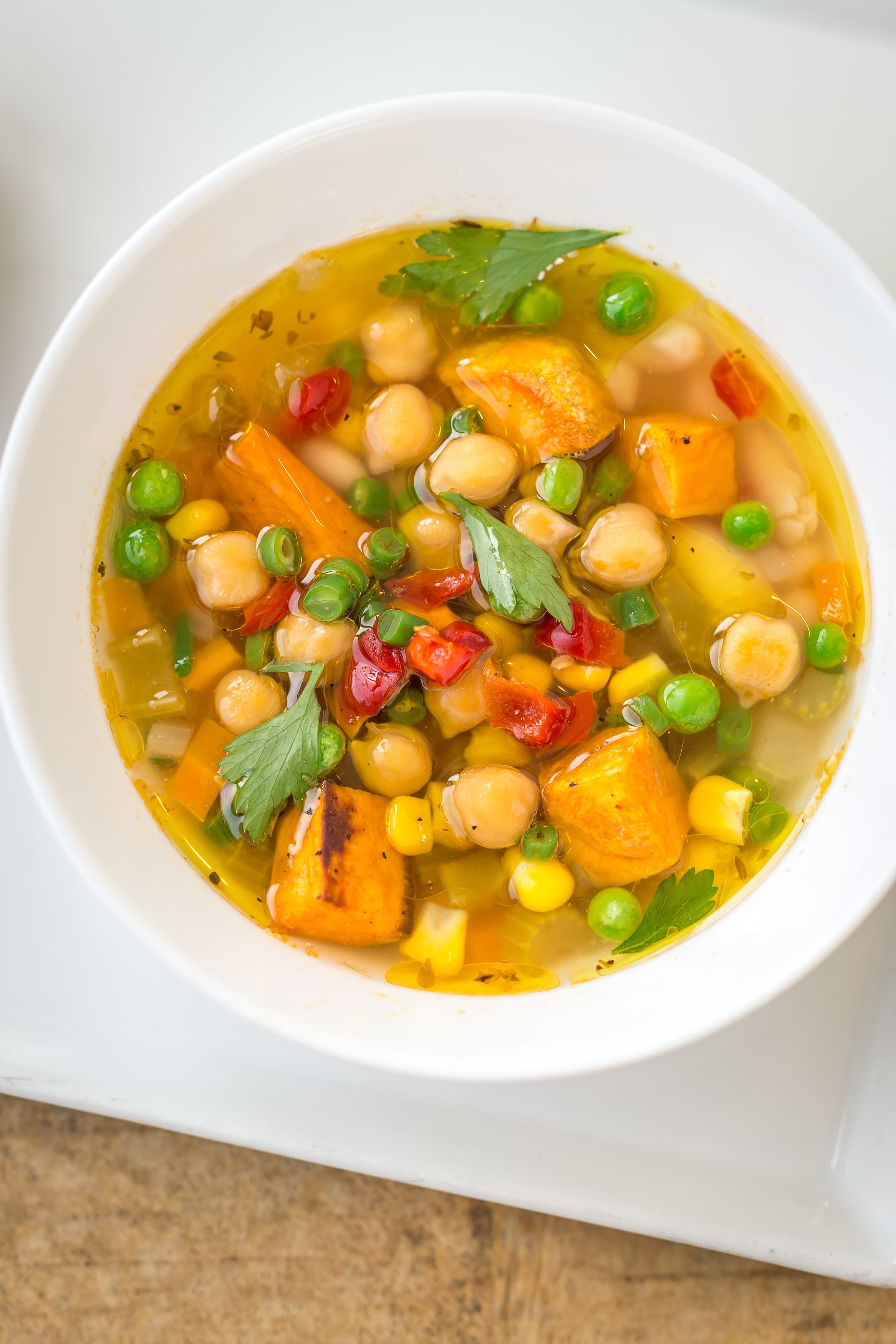 Chickpea soup loaded with sweet potato and veggies